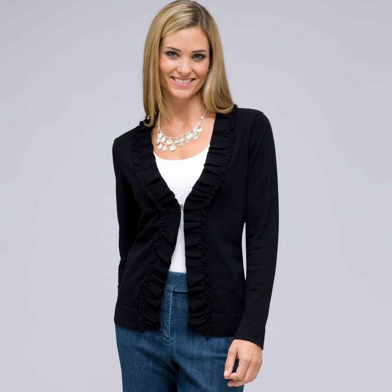 Long Sleeve Ruffle Front Cardigan, Black, large image number 0
